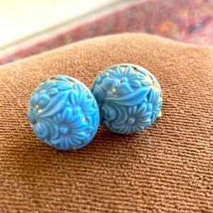 1920s molded blue celluloid screw back button earrings